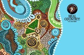 Aboriginal artwork with text Heal Country! 4-11 July and NAIDOC week logo