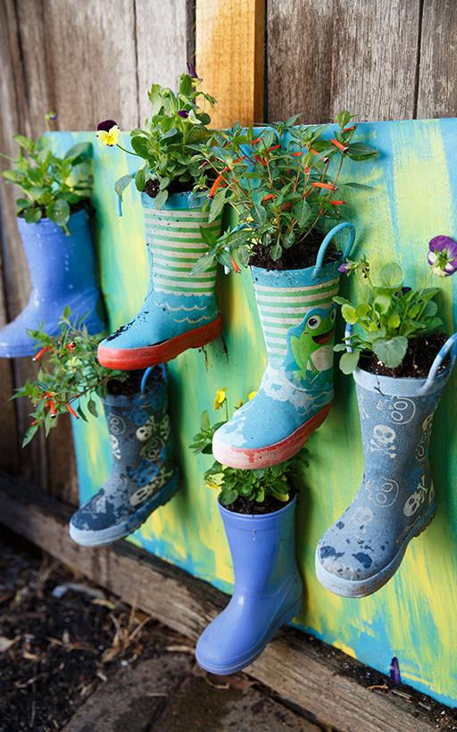 rubber boots used as pot plants