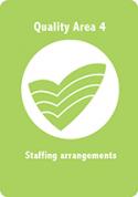 A light green card with acecqa logo in white in the middle, titled Quality Area 4, Staffing arrangements