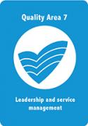 A blue card with acecqa logo in white in the middle, titled Quality Area 7, Governance and leadership