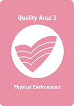 A light pink card with acecqa logo in white in the middle, titled Quality Area 3, Physical environment